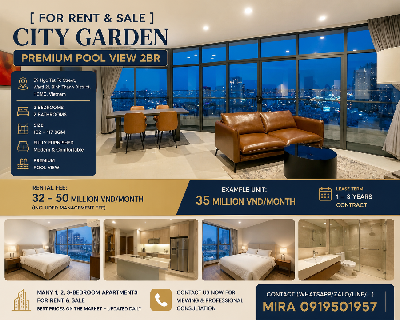  [FOR RENT & SALE] CITY GARDEN – PREMIUM POOL VIEW 2BR
???? 59 Ngo Tat To Street, Ward 21, Binh Thanh District, HCMC
• Type: 2 Bedrooms – 2 Bathrooms
• Size: 102–117 sqm
• Fully furnished – Modern & comfortable
• Nice